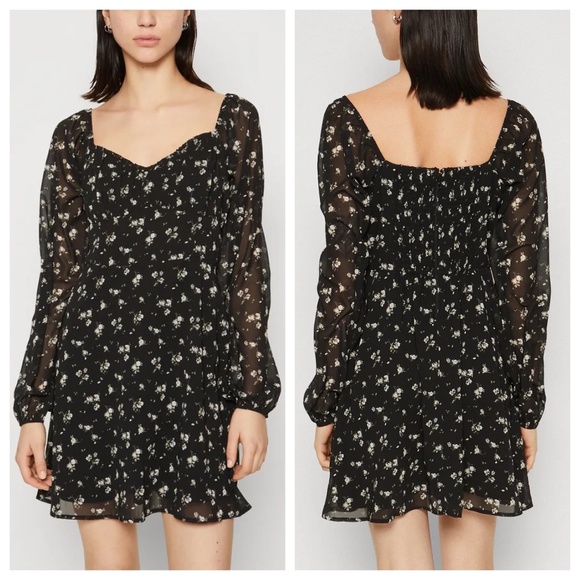 NWT Hollister Sweetheart Neck Romantic Longsleeve Mini Dress Black Floral Size L - Picture 1 of 15